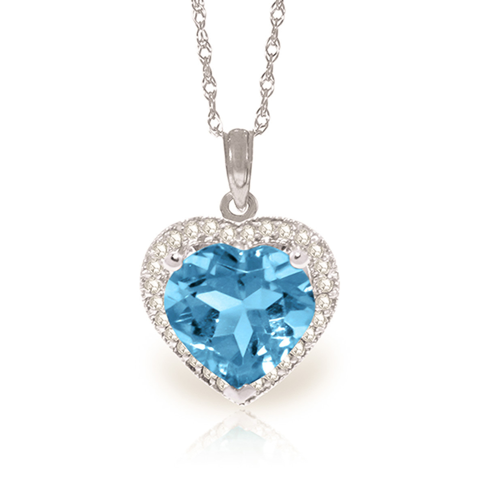 14K. SOLID GOLD NECKLACE WITH NATURAL DIAMONDS & HEART BLUE TOPAZ (White Gold)